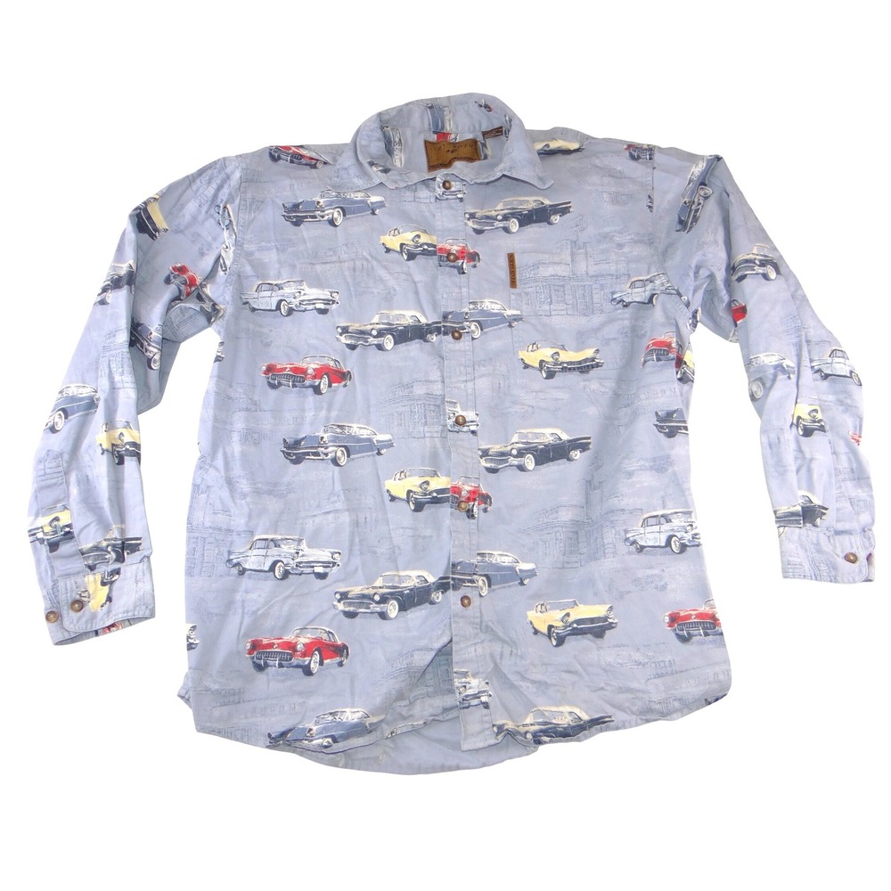 North River Outfitters Mens Blue Vintage Car Print Cotton Button Down Shirt L